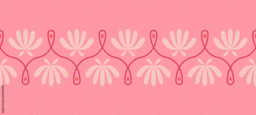 Folk floral seamless horizontal border. Traditional slavic scandinavian ornament with rustic embroidery motifs. Clean flat minimal geometric shapes in unique reflected elegant print.