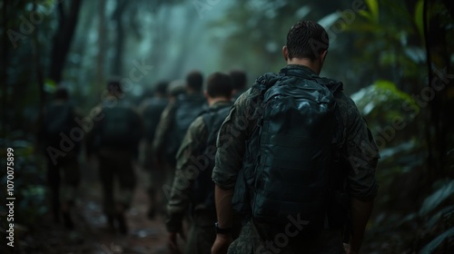 Military men in combat gear patrolling through dense jungle terrain