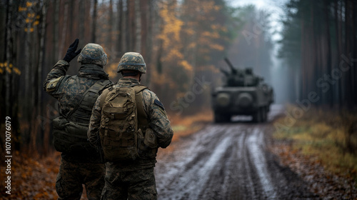 Soldiers saluting in forest with military vehicle approaching