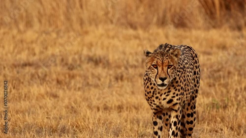 Slender body of cheetah walking over dry landscape, built for speed