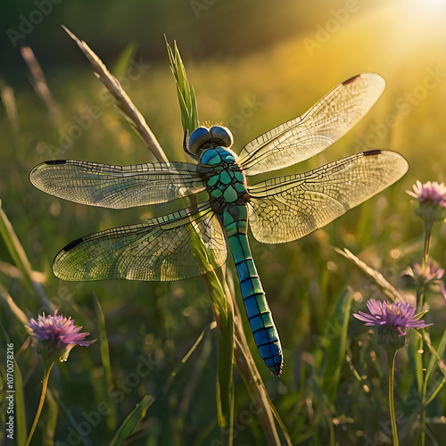 Wallpaper Mural  beautiful dragonfly silhouette with iridescent wings that flow into a serene, sunlit meadow. The meadow Torontodigital.ca