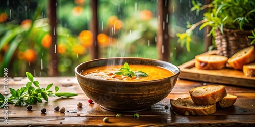 A Cozy Rainy Day: Close-Up of a Warm Bowl of Soup on a Wooden Table with a Wet Glass Window in the Background, Evoking Comfort and Nostalgia Amidst the Rainy Weather