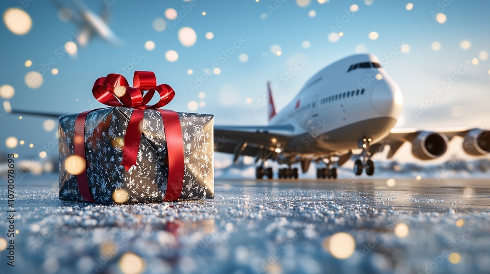 Obraz premium Logistic Christmas and New Year concept. A beautifully wrapped gift sits on snowy ground, with an airplane in the background, capturing a festive travel vibe.