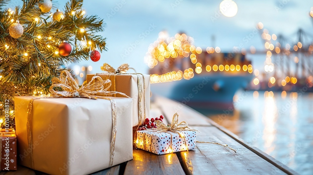 Logistic Christmas and New Year concept. A festive scene featuring Christmas presents by a decorated tree, with a harbor and lit ships in the background, creating a warm, holiday atmosphere.