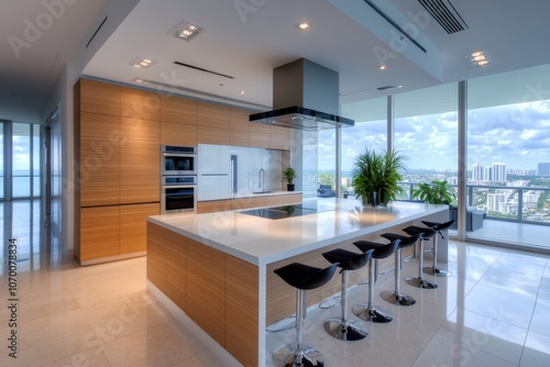 Stylish modern kitchen island featuring sleek bar stools for a contemporary dining experience.