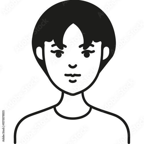 Simple Black-And-White Illustration of a Calm Young Person With Straight Hair Looking at the Viewer in a Neutral Expression