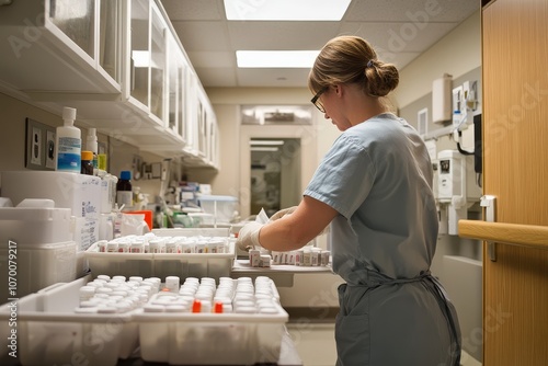 Nurse organizing medication trays for a patientâ€™s daily routine, well-lit hospital room, focus on medication management and patient safety