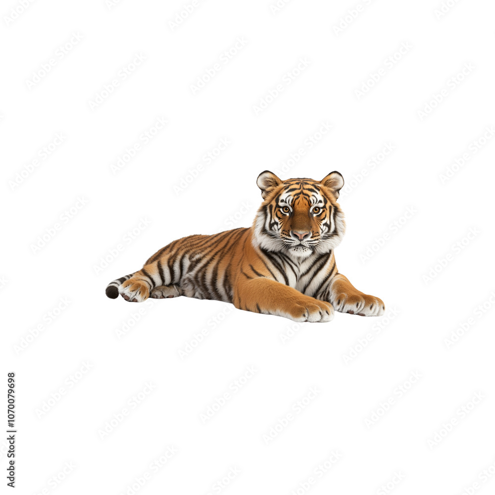 Fototapeta premium A tiger lying down, looking at the camera, isolated on a white background