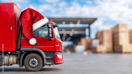 A red delivery truck wears a Santa hat, set against a blurred backdrop of a warehouse and stacked boxes, logistic, christmas, new year capturing the festive spirit of holiday logistics.