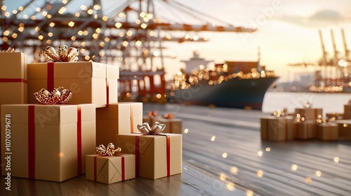 Logistic Christmas and New Year concept. A picturesque scene of wrapped gifts at a dockside, with a cargo ship and cranes in the background,  embodying a festive yet industrial atmosphere at sunset.
