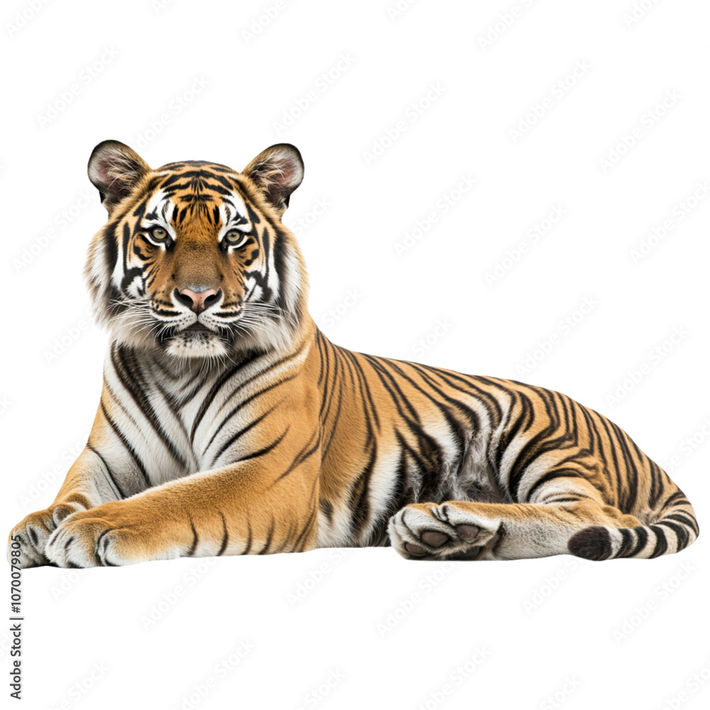 Fototapeta premium A tiger lying down, looking at the camera, isolated on a white background