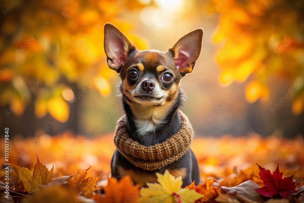 Adorable Chihuahua Enjoys Autumn in Park, Dressed in Stylish Sweater, Surrounded by Colorful Leaves, with Joyful Sparkling Eyes and Blurred Nature Background Framed in Gray Adorable Chihuahua Enjoys Autumn in Park, Dressed in Stylish Sweater, Surrounded by Colorful Leaves, with Joyful Sparkling Eyes and Blurred Nature Background Framed in Gray