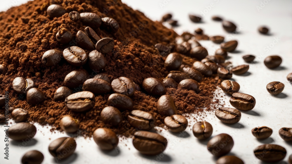 Coffee beans and powder on white background. Roasted coffee seeds Coffee beans and powder on white background. Roasted coffee seeds