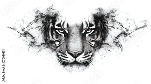 A black and white digital illustration of a tiger's face with smoky, flowing lines emanating from its head.
