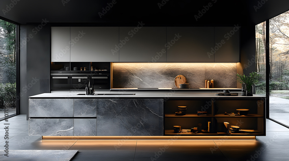 An elegant photography of a modern minimalistic kitchen featuring matte finish cabinetry in a deep charcoal shade, contrasted by a white marble backsplash and countertops. An elegant photography of a modern minimalistic kitchen featuring matte finish cabinetry in a deep charcoal shade, contrasted by a white marble backsplash and countertops.