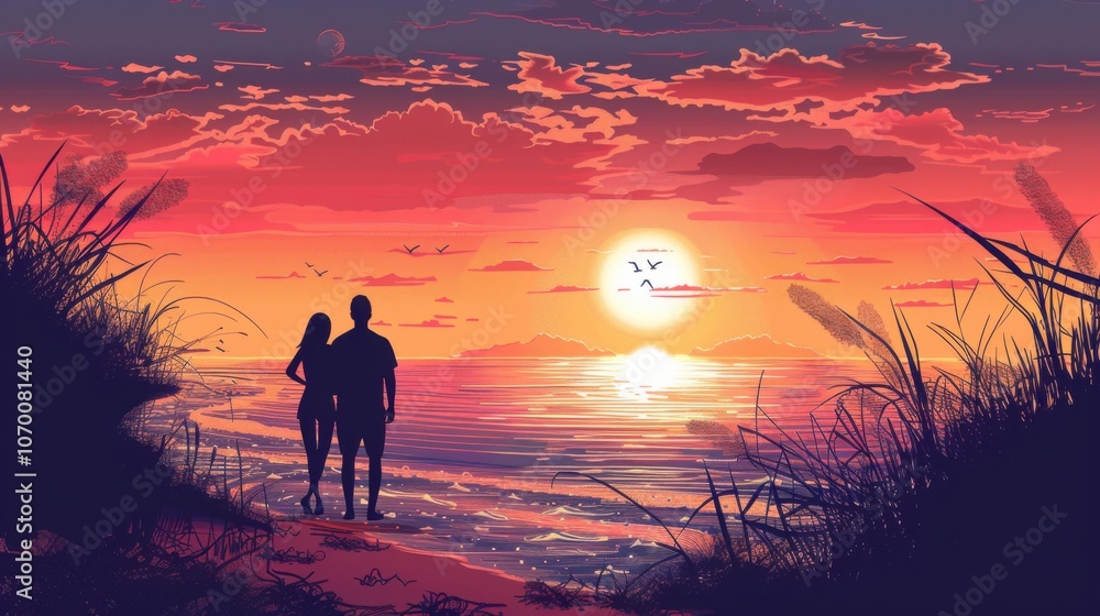 Fototapeta premium Romantic Sunset Silhouette of a Couple on a Beach Vacation, Perfect for Capturing the Essence of Love and Tranquility in Your Next Project
