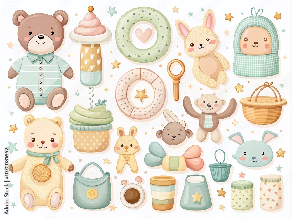 Adorable Vector Set of Cute Newborn Accessories and Toys in Low Light Photography Style, Isolated Clipart Illustrations Perfect for Baby Shower Invitations and Nursery Decor Adorable Vector Set of Cute Newborn Accessories and Toys in Low Light Photography Style, Isolated Clipart Illustrations Perfect for Baby Shower Invitations and Nursery Decor