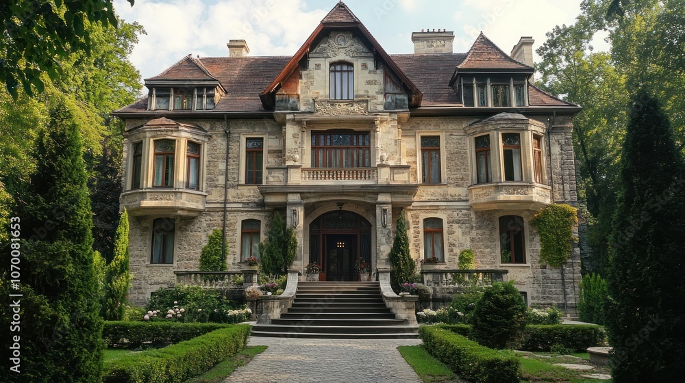 Fototapeta premium Elegant French chateau-style mansion with stone facade, grand entrance, landscaped gardens