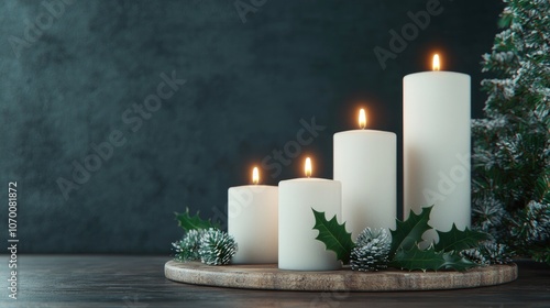 Create a cozy holiday atmosphere with elegant white candles and festive decor