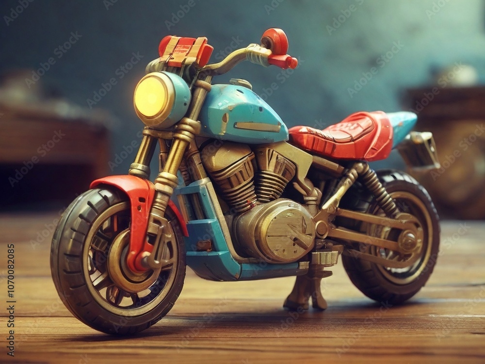 Fototapeta premium Blue and red toy motorcycle standing on wooden floor