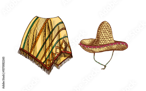 Hand-drawn colored sketch of realistic mexican poncho and sambrero. Vintage drawing of Latin American national clothes. Vector black ink outline illustration. Mexican culture. Latin America.