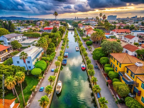 Aerial Drone View of Venice Canals Historic District on an Overcast Day Towards Culver City – Stunning Landscape and Architectural Features in Southern California