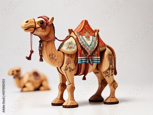 Wooden toy camel standing with another camel out of focus in the background