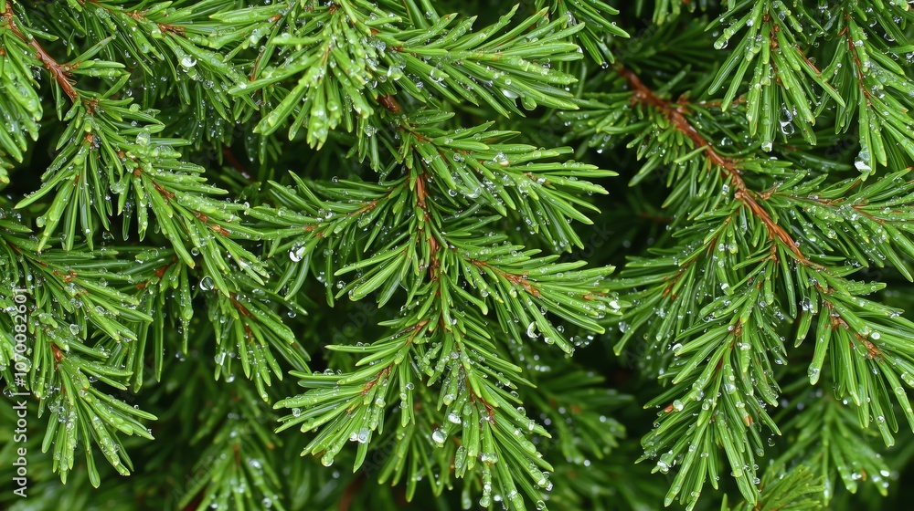 Close-Up of Evergreen Tree Branches with Deep Green Needles and Bluish Tint, Dense Overlapping Layout with Water Droplets, Fresh and Glistening Appearance Close-Up of Evergreen Tree Branches with Deep Green Needles and Bluish Tint, Dense Overlapping Layout with Water Droplets, Fresh and Glistening Appearance