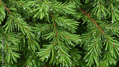 Close-Up of Evergreen Tree Branches with Deep Green Needles and Bluish Tint, Dense Overlapping Layout with Water Droplets, Fresh and Glistening Appearance