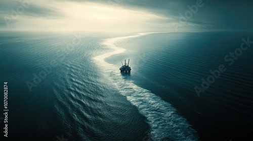 Aerial perspective of an offshore drilling rig standing alone in the middle of the ocean, with endless water and soft waves under a bright sky.