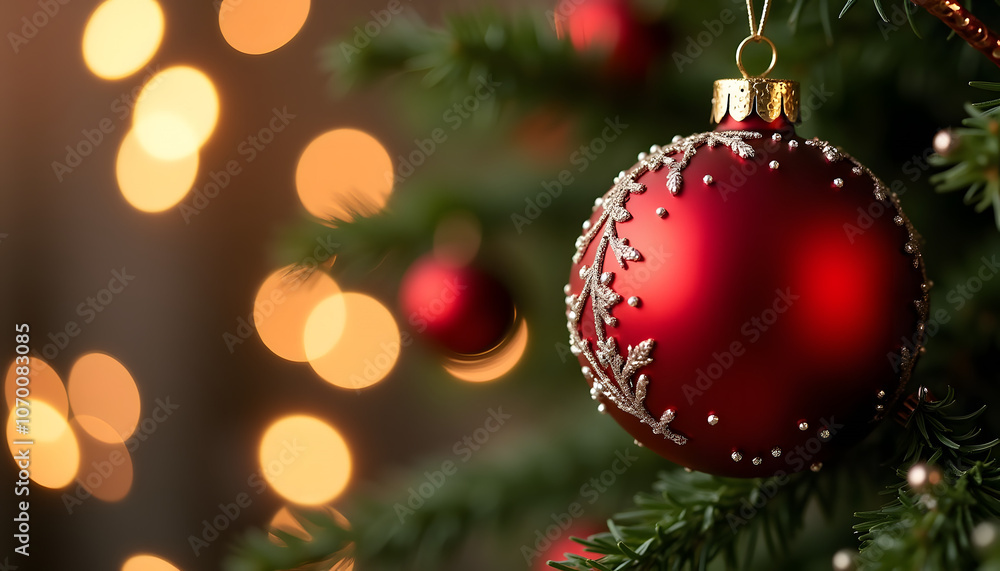 Red Christmas ornament on a pine tree with bokeh lights in the background, creating a festive winter mood and copy space Red Christmas ornament on a pine tree with bokeh lights in the background, creating a festive winter mood and copy space