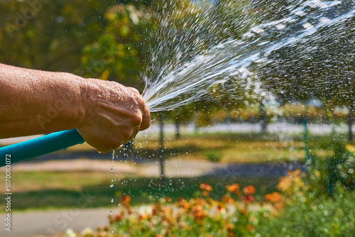 Hand holding a hose with pouring water to water plants.Landscaping,gardening