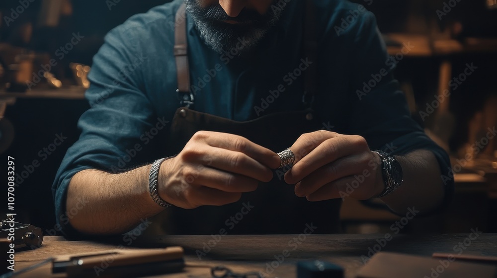 Skilled jeweler crafting a bracelet in a workshop setting Skilled jeweler crafting a bracelet in a workshop setting