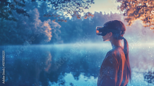 irtual reality. Young  woman wearing VR goggles	Double exposure - virtual lake in the mountain in the background photo