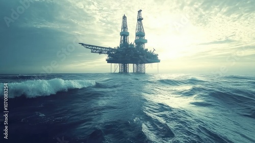 Aerial perspective of an offshore drilling rig standing alone in the middle of the ocean, with endless water and soft waves under a bright sky.