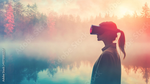 irtual reality. Young  woman wearing VR goggles	Double exposure - virtual lake in the mountain in the background photo