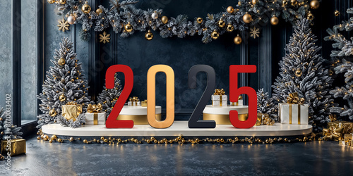 nombre 2025 en 3D posé sur une scène décorée pour un noël luxueux dans les couleurs noires et dorées - mix IA et rendu 3D photo