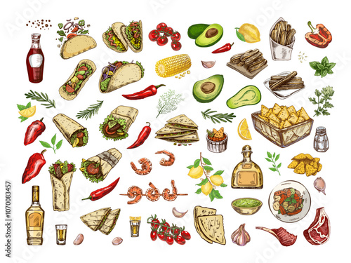 Hand-drawn colored set of realistic mexican dishes and products. Vintage sketch drawings of Latin American cuisine. Vector ink illustration. Mexican culture. Latin America.