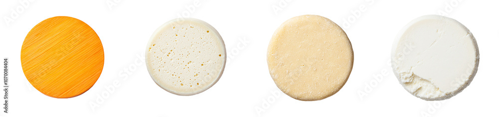 Top view of a whole round hard cheese isolated on white Top view of a whole round hard cheese isolated on white