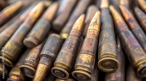 A close-up of a pile of ammunition, showing the brass casings and bullet tips.