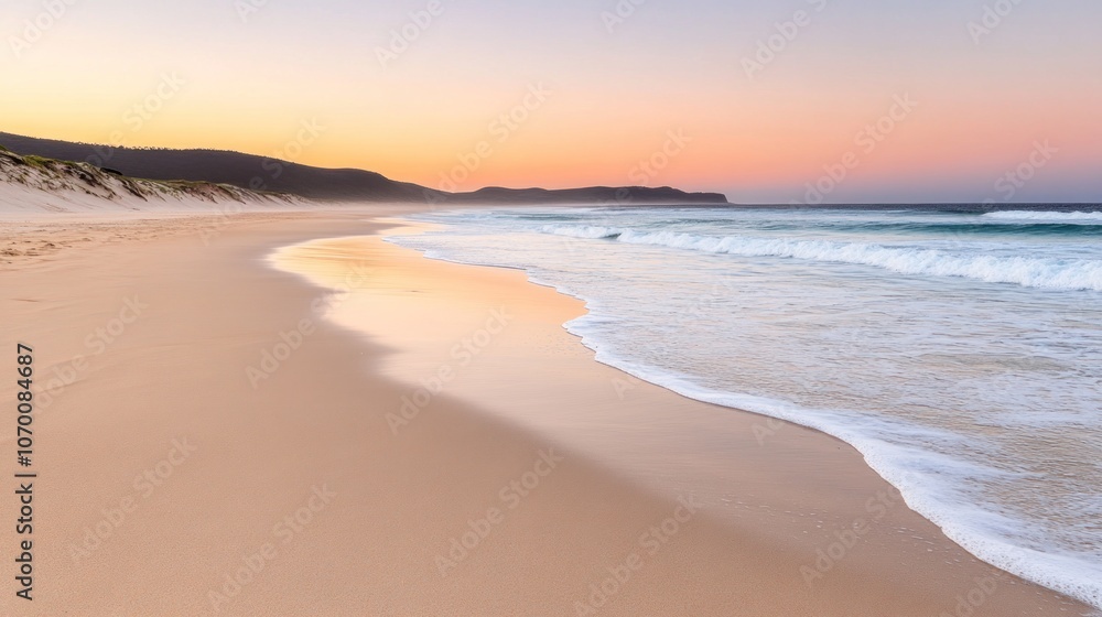 A scenic, peaceful beach at sunset, with golden sand, rolling waves and a distant coastline. A scenic, peaceful beach at sunset, with golden sand, rolling waves and a distant coastline.