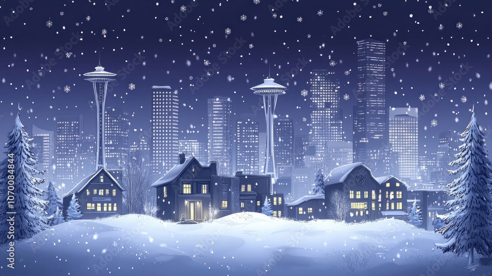 Naklejka premium Washington State Christmas Background Featuring a Snowy Cityscape Generative AI