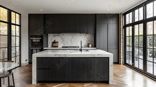 An elegant photography of a modern minimalistic kitchen featuring matte finish cabinetry in a deep charcoal shade, contrasted by a white marble backsplash and countertops.