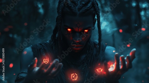 A fierce warrior conjures mystical symbols with his hands, black with braided hair, striking, anime style, glowing red eyes, and a dark enchanted forest backdrop.