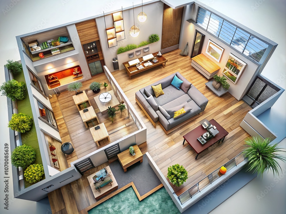 custom made wallpaper toronto digitalAerial View of a Modern House Design: 3D Floor Plan Illustration of an Open-Concept Living Room, Showcasing Innovative Architecture and Interior Layout in Drone Photography Style