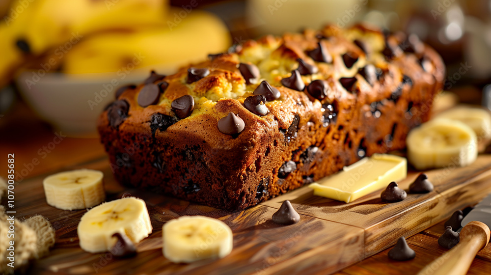 Chocolate Chip Banana Bread with Butter and Fresh Banana Slices Chocolate Chip Banana Bread with Butter and Fresh Banana Slices