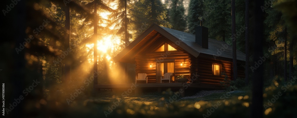 Rustic cabin bathed in dynamic golden sunlight, creating a warm and inviting atmosphere in nature. Rustic cabin bathed in dynamic golden sunlight, creating a warm and inviting atmosphere in nature.