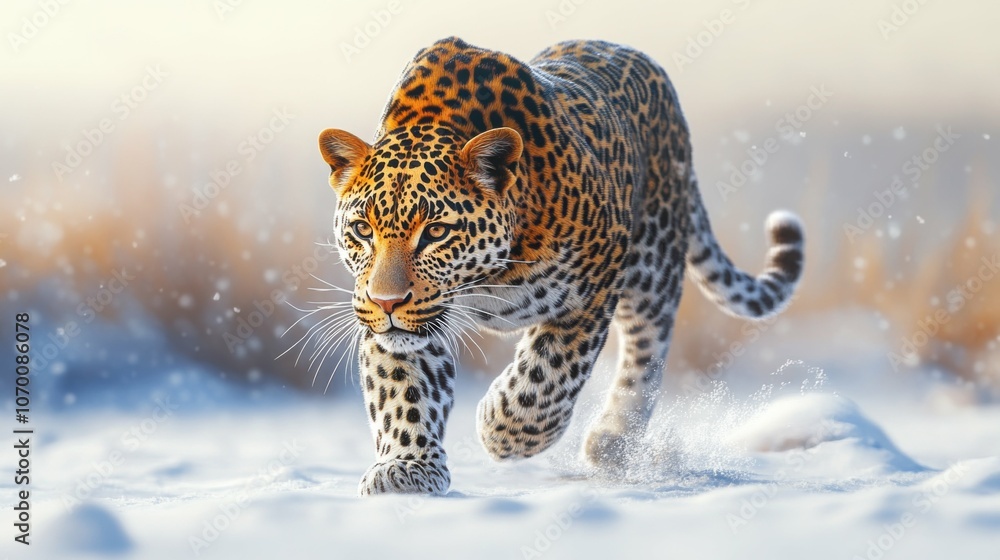 an elegant golden-furred leopard, its spots subtly bronze, paces on frost-kissed ground, isolated on a flawless white background, showcasing sharp edges and perfect lighting. an elegant golden-furred leopard, its spots subtly bronze, paces on frost-kissed ground, isolated on a flawless white background, showcasing sharp edges and perfect lighting.