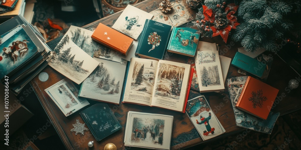 Top view of a table cluttered with Christmas-themed bookmarks and holiday books, ready for a cozy reading session. Top view of a table cluttered with Christmas-themed bookmarks and holiday books, ready for a cozy reading session.