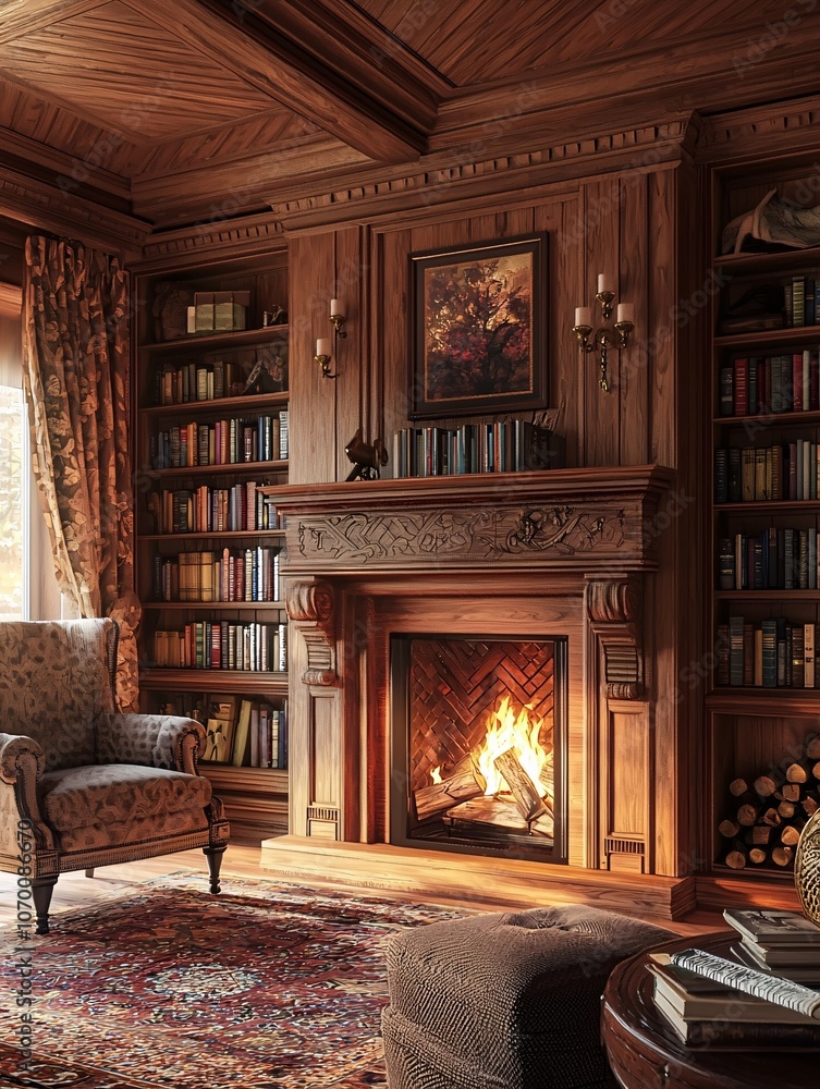A charming living space featuring a warm fireplace, elegant furnishings, and a lovely bookshelf enhances any interior design. A charming living space featuring a warm fireplace, elegant furnishings, and a lovely bookshelf enhances any interior design.